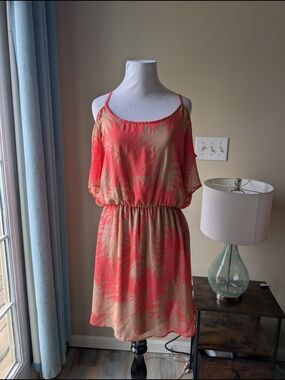 Coral and Tan Tropical Print Spaghetti Strap Cold Shoulder Dress